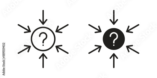 Question mark icon surrounded by arrows pointing inwards, displayed in both outline and solid fill variations, signifying inquiry and focused attention on a problem.