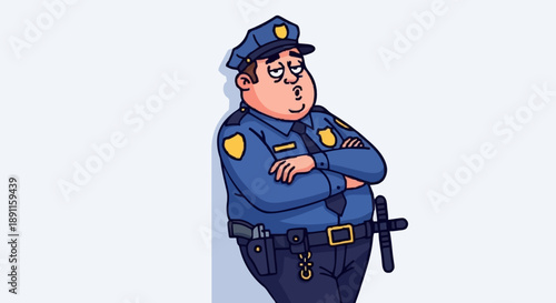 Cartoon Police Officer Standing Arms Crossed Looking Bored.