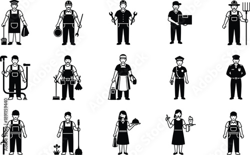 Comprehensive black and white vector icon set of diverse essential workers including delivery person, farmer, mechanic, police officer, gardener, and maintenance service professional characters.