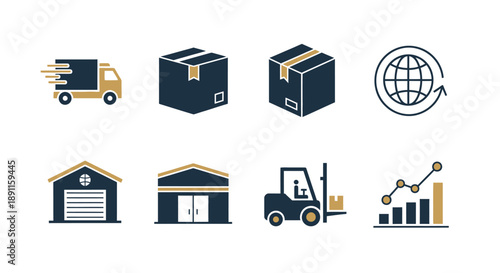 Logistics and shipping icons representing global trade and delivery