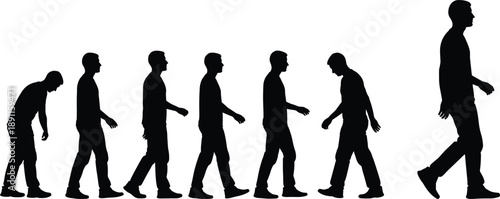 Man walking silhouette sequence showing human movement stages isolated on white background for evolution progress motion concept illustration of daily life timeline steps posture