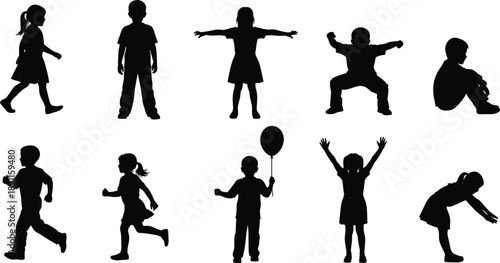Kids silhouettes collection showing children running jumping playing and posing in different actions isolated on white background for childhood activity fun lifestyle concept illustration