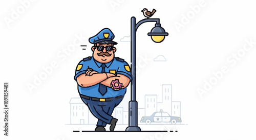Cartoon Police Officer Standing By Street Lamp With Bird.