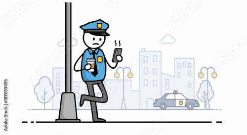Cartoon Police Officer Standing by Lamp Post Holding Coffee and Phone.