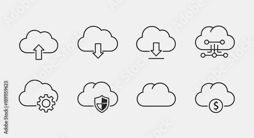 Cloud computing icons upload download security and data storage concepts