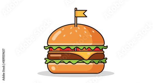 Delicious burger illustration with flag on top isolated on white background