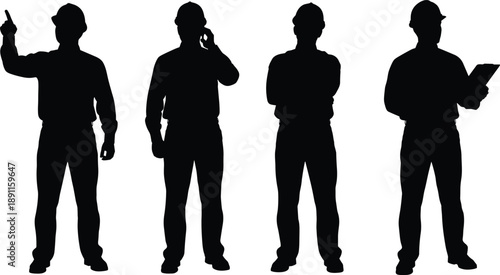 Construction worker silhouettes set showing engineer supervisor with hard hat using tablet phone and hand gestures isolated on white background for industrial management concept illustration