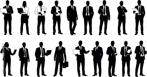 Large collection of corporate business people silhouettes vector illustration featuring men and women in suits with office accessories.