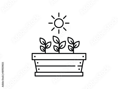 Gardening Planter Box with Growing Sprouts and Sun Icon - Nature and Growth Vector Line Art.