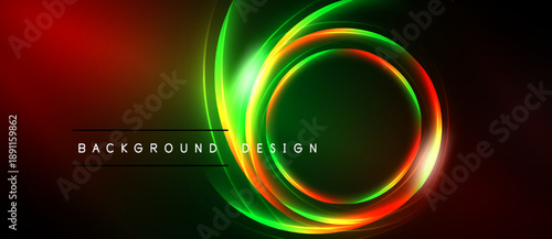 Bright neon circles overlap dark background. Vivid red, green, orange hues create dynamic visual effect. Text reads background design.