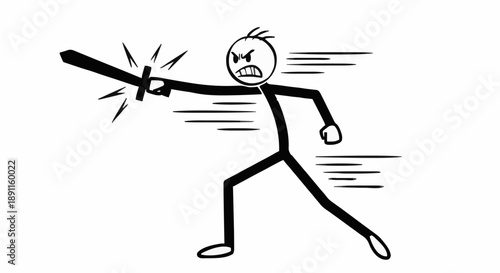 Angry stick figure warrior swinging sword with motion lines.