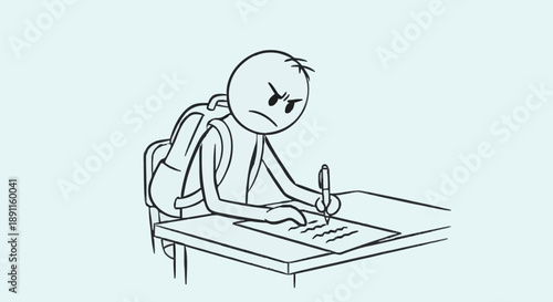 Angry stick figure student doing homework at desk.
