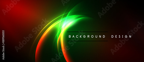 Abstract neon lights create dynamic curves. Red, green hues blend into dark background. Modern design element for banners, posters.