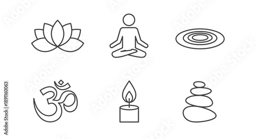 Meditative symbols lotus person ripples om symbol candle and stone stack