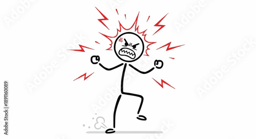 Angry stick figure with lightning bolts and red lines emanating from head.