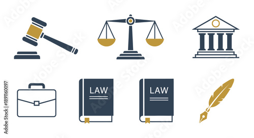 Legal symbols illustration hammer scales courthouse books briefcase feather