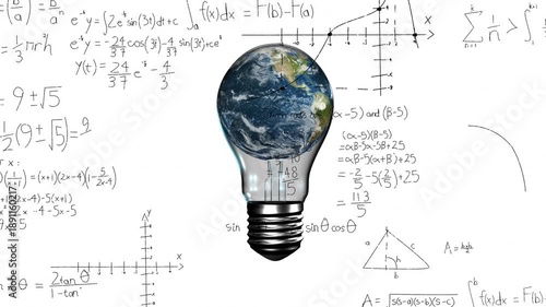 Animation of light bulb with globe over mathematical equations on white background