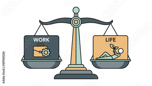 Balance scale perfectly balancing career ambition against personal well-being and happiness