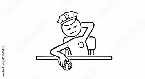 Bored policeman playing with donut at desk.