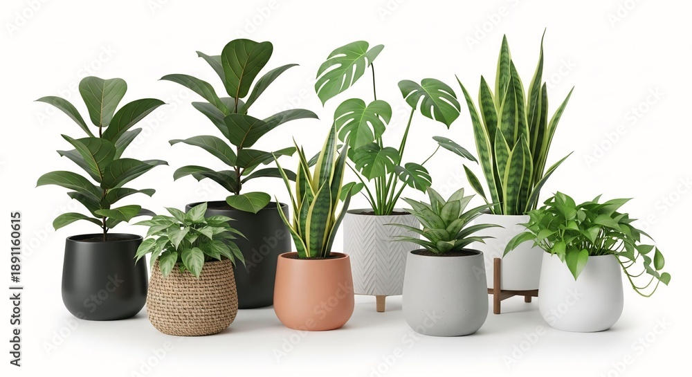 Fototapeta premium Diverse collection of potted houseplants in modern minimalist planters ideal for interior design home decor or office concepts isolated on white background
