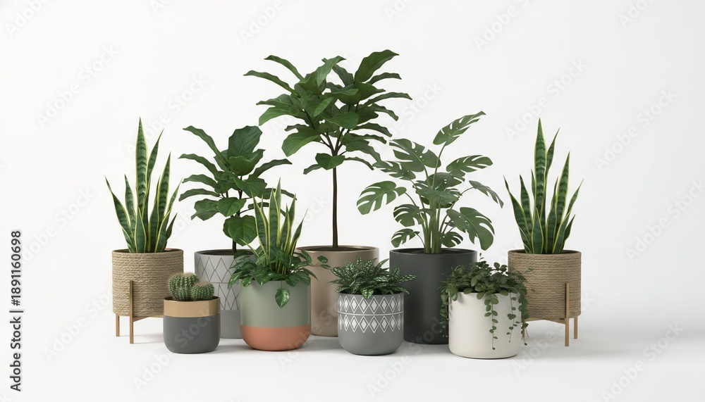 Fototapeta premium A diverse collection of potted houseplants in modern decorative pots perfect for interior design and home decor concepts isolated on a white background