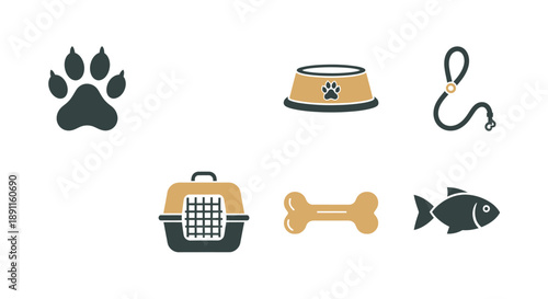 Pet supplies and accessories icon set on white background