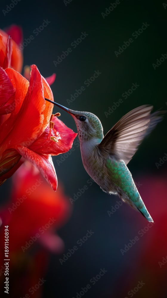 Obraz premium A beautiful hummingbird hovers delicately, feeding on a vivid red flower against a soft, dark background, showcasing nature's elegance.