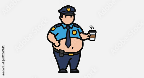 Cartoon Fat Police Officer Holding Coffee Cup.