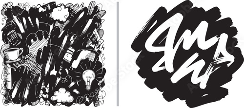 A dynamic set of hand-drawn vector elements featuring chaotic black ink doodles, lightbulb and coffee icons, and bold expressive brush lettering on a dark textured background.