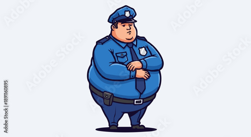 Cartoon Fat Police Officer Standing Uniform Hat.