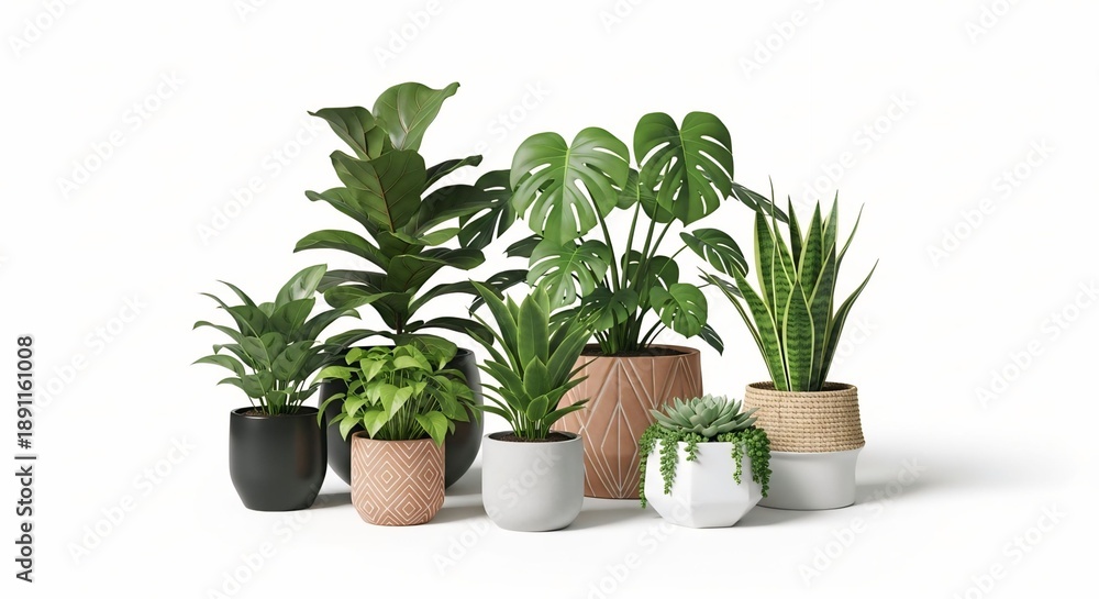 Fototapeta premium Collection of diverse potted houseplants featuring various green indoor plants in modern pots isolated on a clean white background for design projects