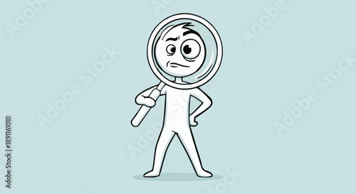 Cartoon Man Looking Through Magnifying Glass with Confused Expression.