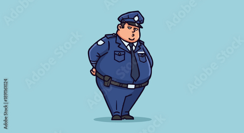 Cartoon Obese Police Officer Standing Blue Uniform.