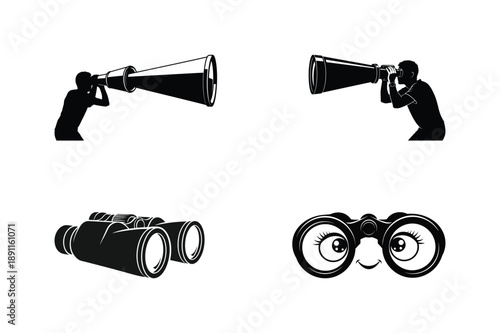 Silhouette of people using megaphones and binoculars and a bicycle