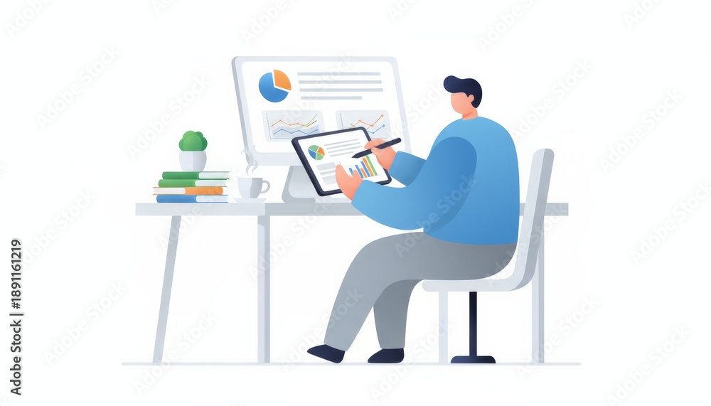 Fototapeta premium Man sitting at a desk and actively working on a tablet with a stylus, analyzing charts and graphs for financial reports, business data, and calculating taxes
