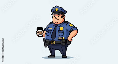 Cartoon Police Officer Holding Coffee Cup.