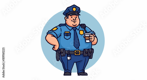 Cartoon Police Officer Holding Coffee Cup.