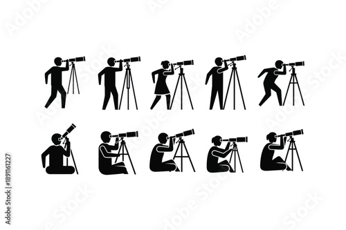 Silhouette of people using telescopes in various positions and stances silhouette