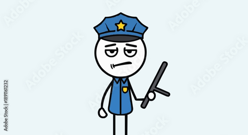 Cartoon Police Officer Holding Nightstick Looking Bored.