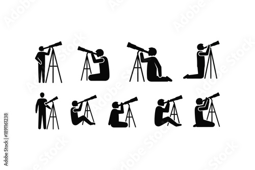 Silhouette of people observing through telescopes in various positions silhouette