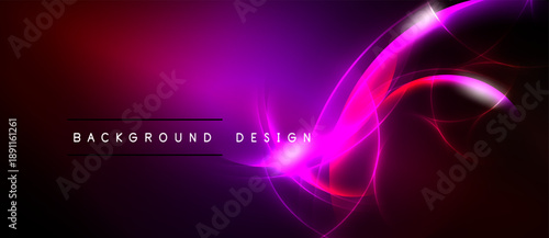 Abstract vibrant background. Dynamic curves, glowing lines create modern design. Dark shades transition into bright magenta, purple hues.