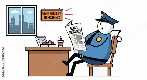 Cartoon Police Officer Relaxing at Desk Reading Newspaper with Donuts.