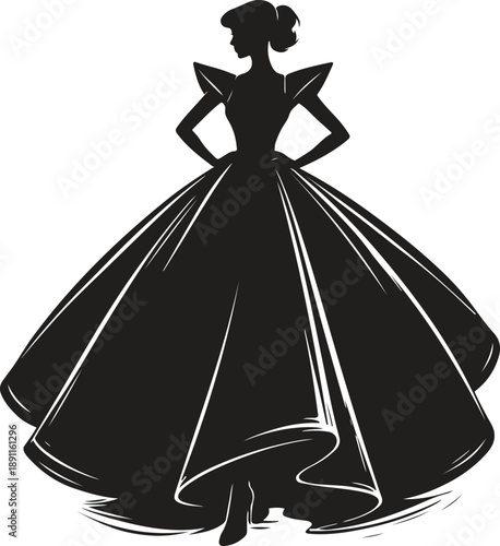 Elegant Woman in Royal Ball Gown Silhouette, Princess Fashion Dress Vector