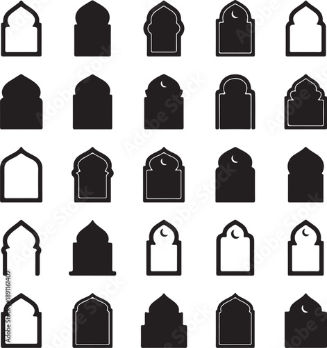 Ramadan kareem islamic archway silhouette icons set for holy month of ramadan
