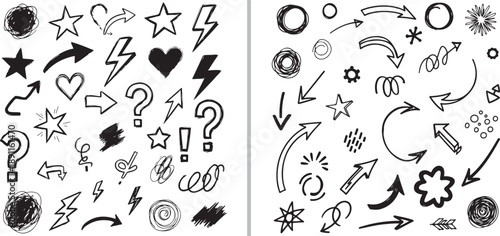 A comprehensive set of black hand-drawn vector elements including arrows, stars, hearts, and lightning bolts. Perfect for adding playful, energetic, and instructional accents to digital designs.