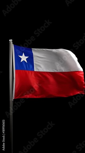 Chilie flag on a pole floating in the wind isolated on black background