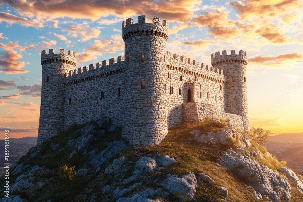 Fototapeta premium Castle perched on rocky hilltop during sunset with dramatic sky