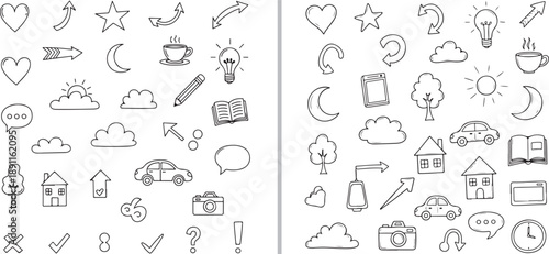 A comprehensive set of black and purple hand-drawn vector brush strokes, including textured swatches, energetic scribbles, and diverse line weights for creative digital design.