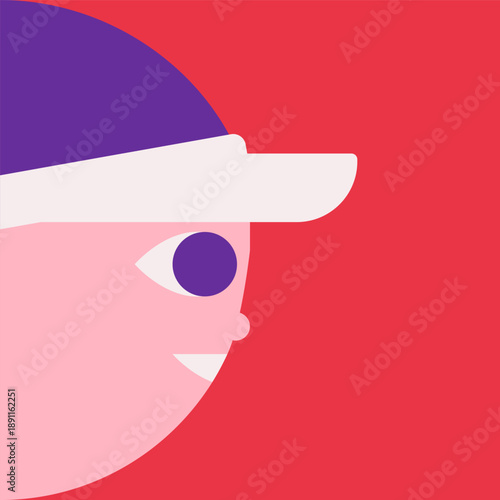 Vector flat illustration with tennis or golf player head. He has white peaked cap as part of sport equipment for game or world championship. Minimalistic concept, clipart sport collection