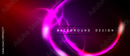 Bright neon abstract design. Swirling lights create dynamic visual effect. Dark background emphasizes vibrant colors, modern aesthetic.